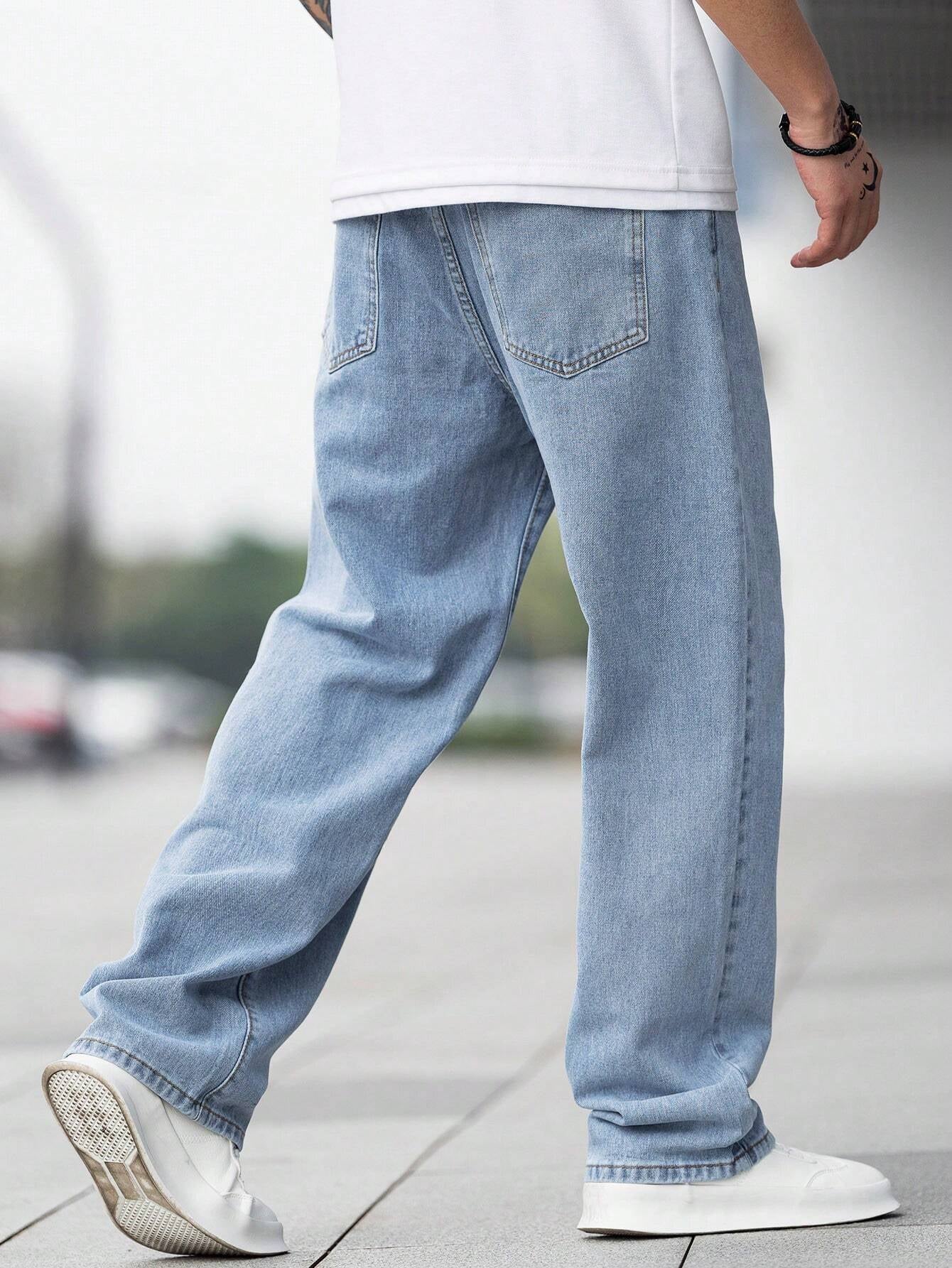 Manfinity Hypemode Loose Fit Men'S Cotton Jeans with Slant Pockets Baggy Long Washed Skater Jean Cargo Plain Light Blue Going Out Y2K Friends Urban Going Out Commute Work Vacation