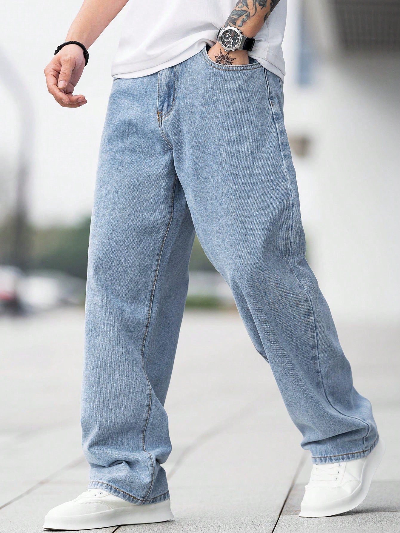 Manfinity Hypemode Loose Fit Men'S Cotton Jeans with Slant Pockets Baggy Long Washed Skater Jean Cargo Plain Light Blue Going Out Y2K Friends Urban Going Out Commute Work Vacation
