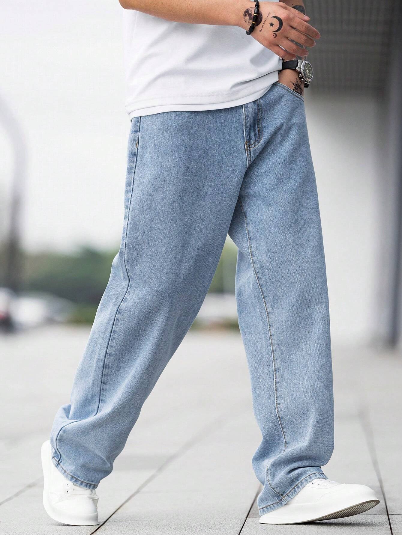 Manfinity Hypemode Loose Fit Men'S Cotton Jeans with Slant Pockets Baggy Long Washed Skater Jean Cargo Plain Light Blue Going Out Y2K Friends Urban Going Out Commute Work Vacation