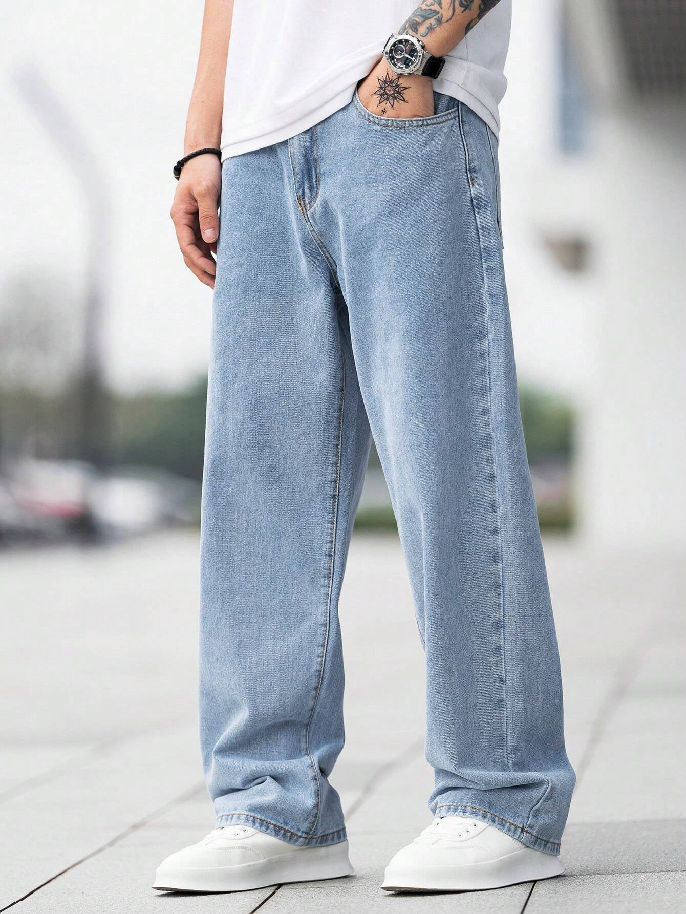 Manfinity Hypemode Loose Fit Men'S Cotton Jeans with Slant Pockets Baggy Long Washed Skater Jean Cargo Plain Light Blue Going Out Y2K Friends Urban Going Out Commute Work Vacation