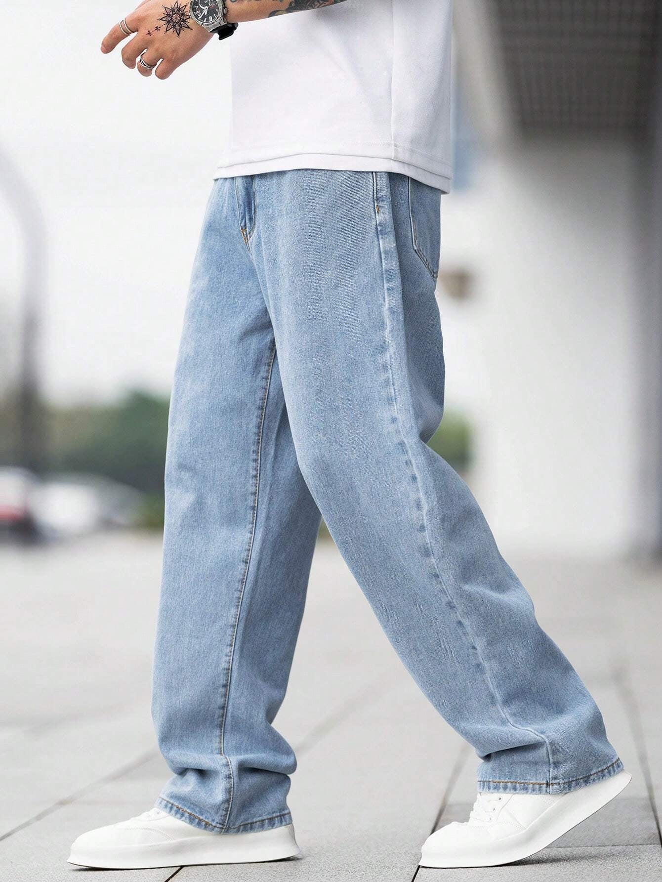 Manfinity Hypemode Loose Fit Men'S Cotton Jeans with Slant Pockets Baggy Long Washed Skater Jean Cargo Plain Light Blue Going Out Y2K Friends Urban Going Out Commute Work Vacation