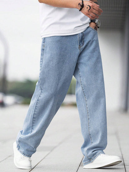 Manfinity Hypemode Loose Fit Men'S Cotton Jeans with Slant Pockets Baggy Long Washed Skater Jean Cargo Plain Light Blue Going Out Y2K Friends Urban Going Out Commute Work Vacation