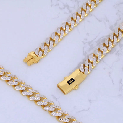 10K Real Yellow Gold Royal Monaco 7.5Mm Miami Cuban Diamond Cut Pave Link Necklace (18"-30") Two Tone Italian Jewelry for Men