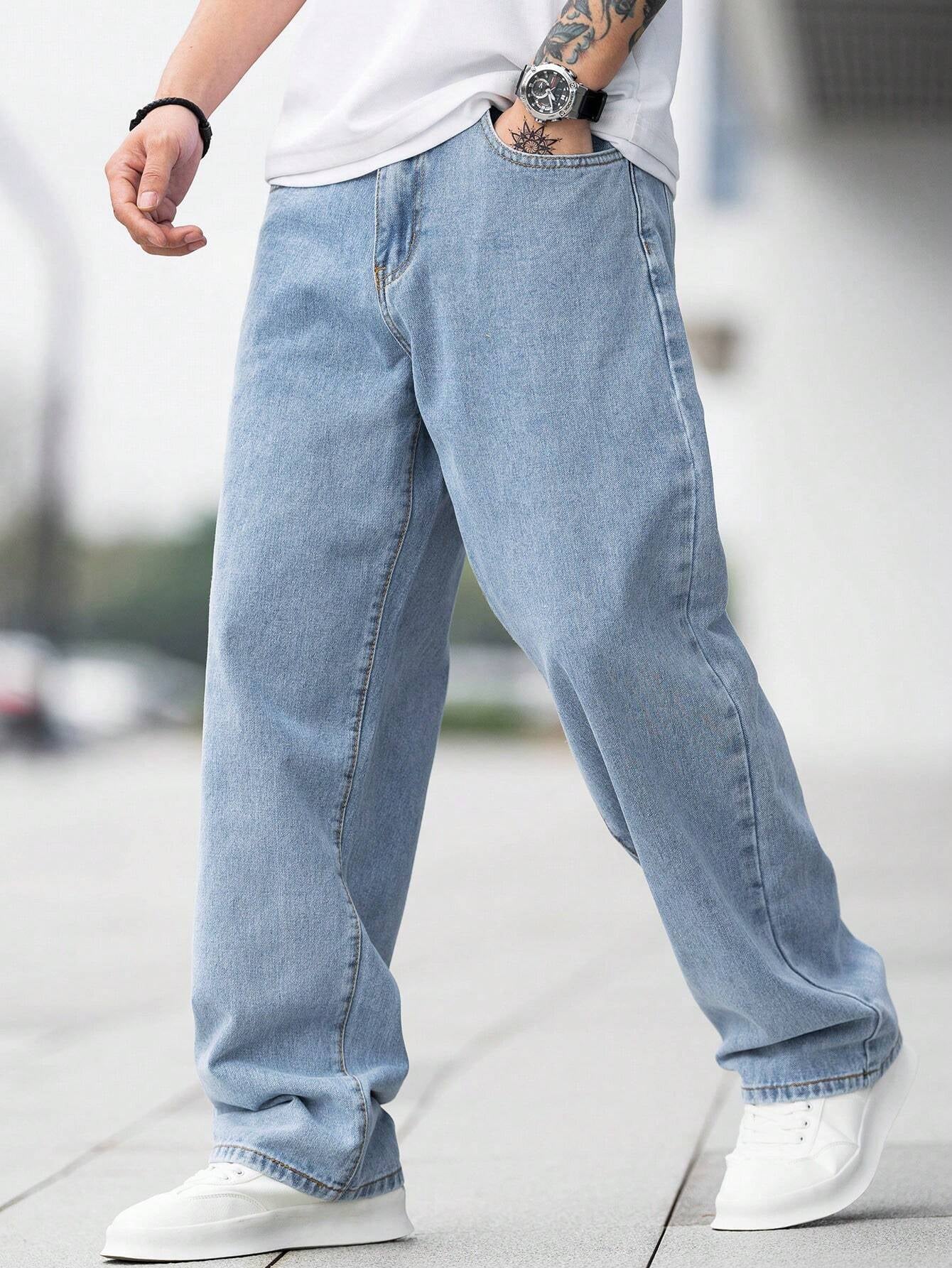 Manfinity Hypemode Loose Fit Men'S Cotton Jeans with Slant Pockets Baggy Long Washed Skater Jean Cargo Plain Light Blue Going Out Y2K Friends Urban Going Out Commute Work Vacation