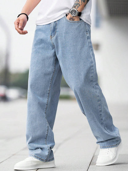Manfinity Hypemode Loose Fit Men'S Cotton Jeans with Slant Pockets Baggy Long Washed Skater Jean Cargo Plain Light Blue Going Out Y2K Friends Urban Going Out Commute Work Vacation